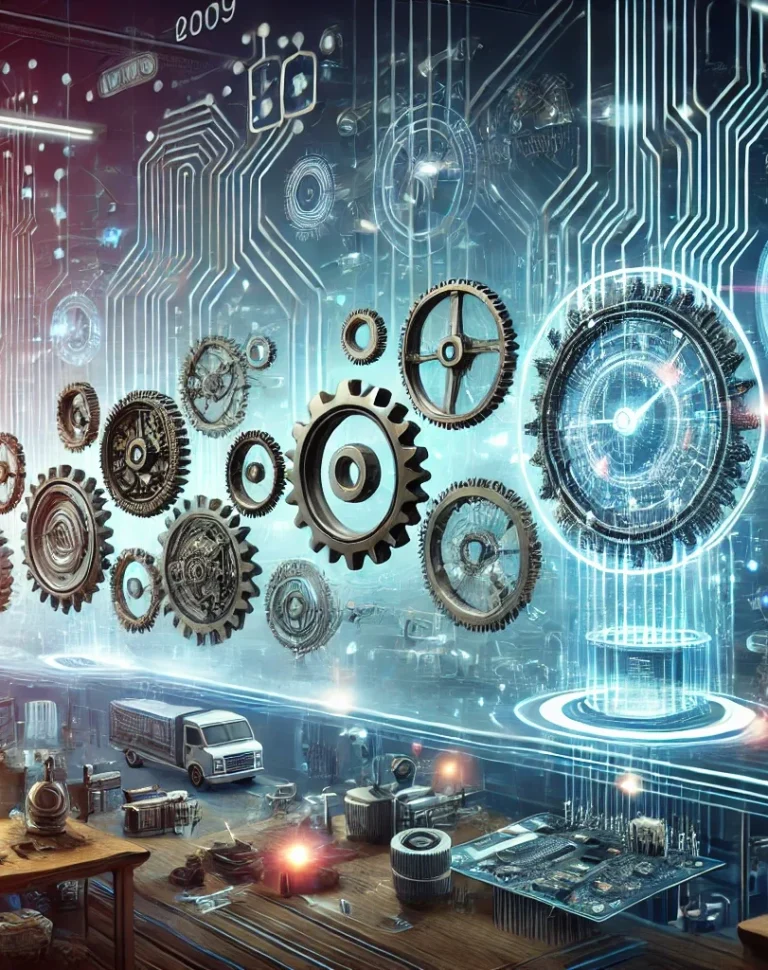 Future Kombination aus Zahnrädern und Digitaltechnik in futuristischem Umfeld.